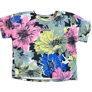 Adidas Floral Crop Top Loose Fit T Shirt Girls Size L Large 14 Colorful Hibiscus